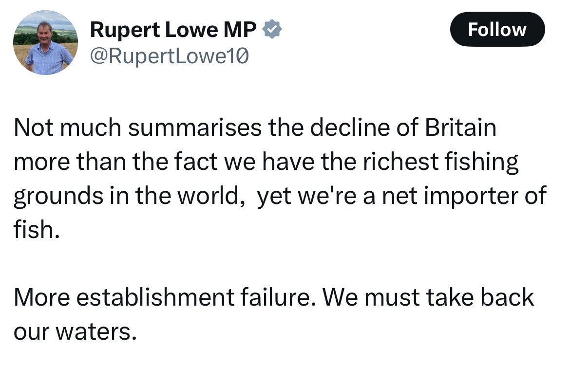 Number10cat's tweet photo. I know a thing or two about fish. Needless to say Rupert is lying to you. The UK fishing grounds generally contain seafood we don't much like eating. We used to export much of it to the EU - that's been made a lot harder thanks to Brexit. https://t.co/eGHueyuvpr