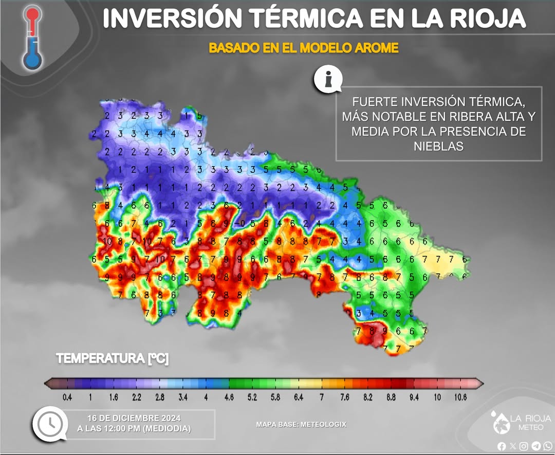 Fuerte #INVERSIÓNTÉRMICA la que vamos a tener al menos durante el lunes 16 y martes 17 en #LaRioja.

¿Qué significa esto? Pues que gracias al anticiclón todo el aire frío se "depositará" en el fondo de los valles con #nieblas y #heladas, mientras que en montaña las capas altas se