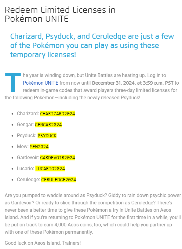 ElChicoEevee's tweet photo. Pokémon UNITE

some Limited Licenses Codes

Charizard: CHARIZARD2024
Gengar: GENGAR2024
Psyduck: PSYDUCK
Mew: MEW2024
Gardevoir: GARDEVOIR2024
Lucario: LUCARIO2024
Ceruledge: CERULEDGE2024

Thanks @palaknightprime for the info https://t.co/dzCFS1UVsb