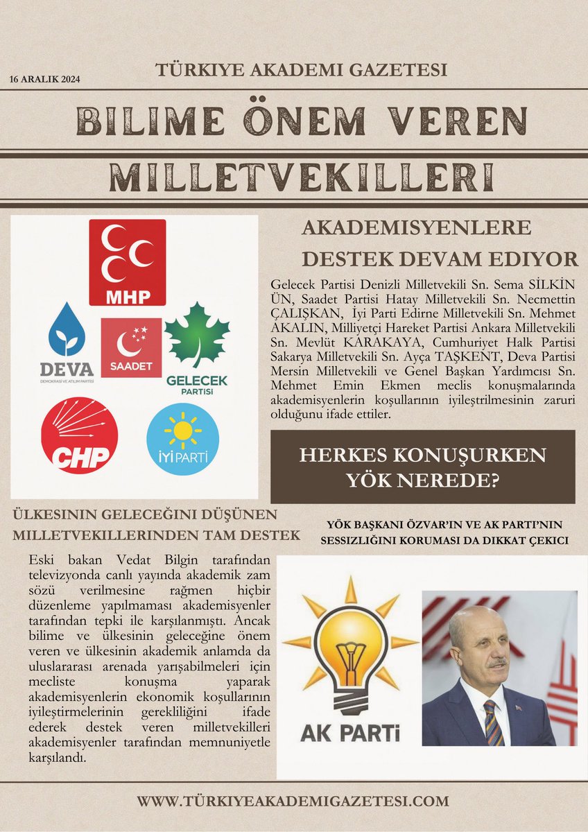 Bugün birçok siyasi partiden birçok milletvekili bilim insanlarına destek oldu. Desteğini açıklamayan, hiçbir açıklama yapmayan tek parti <a href="/Akparti/">AK Parti</a> kaldı. Onlardan da en kısa sürede gerekn desteği bekliyoruz. #akademikzam #akparti <a href="/isikhanvedat/">Prof. Dr. Vedat Işıkhan</a> <a href="/erolozvar/">Erol Özvar</a> <a href="/memetsimsek/">Mehmet Simsek</a> #asgariücret