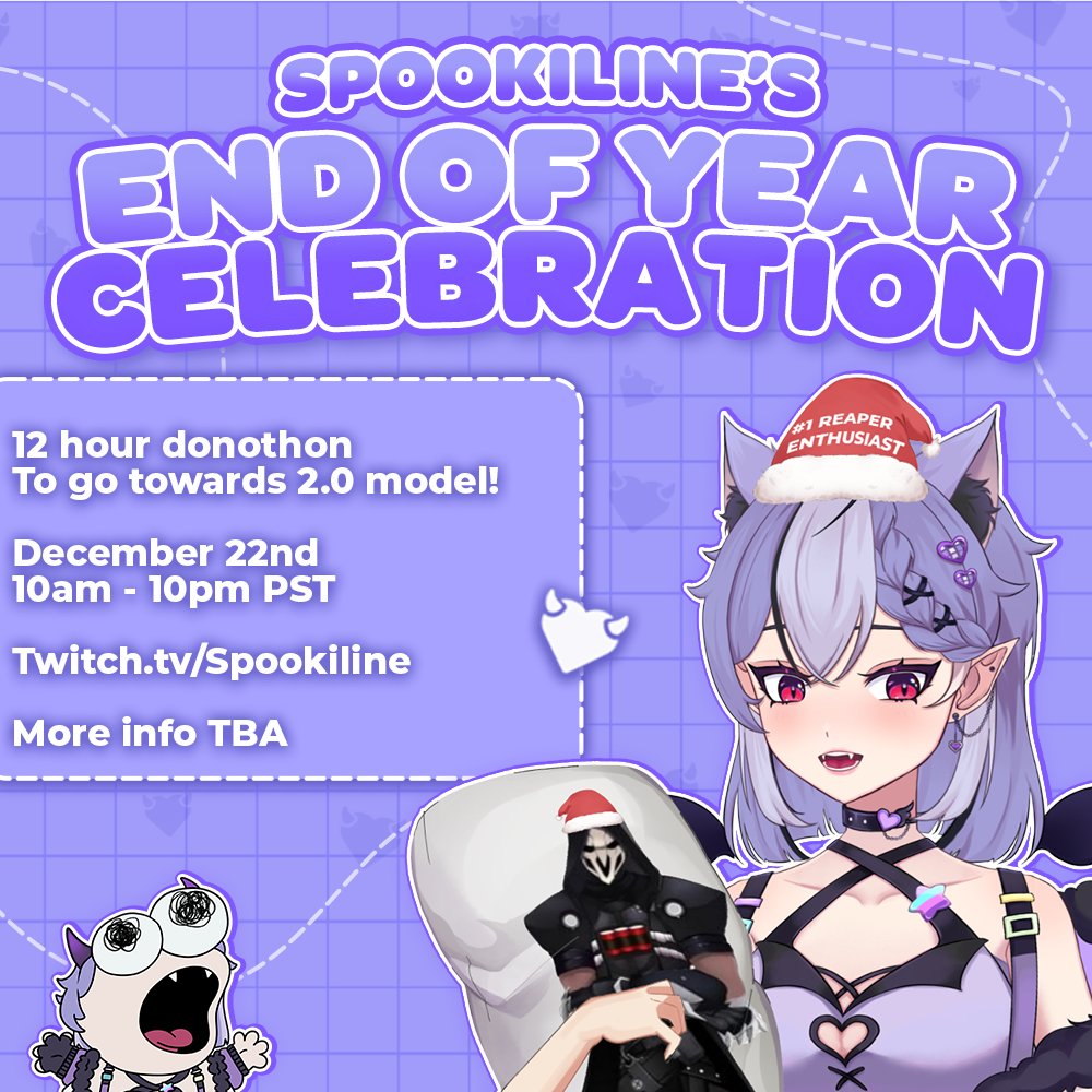 Spookiline's tweet photo. 2024 has been super crazy, from moving states to hitting 2.5k on twitch, so I wanted to celebrate with yall (♡ˊ͈ ꒳ ˋ͈)

♡ Join me for a 12-hour donothon on December 22nd, starting at 10 AM PST.

♡ I’ll be raising funds towards my 2.0 model for the new year! More details and goals coming later this week, so stay tuned ⸜(｡˃ ᵕ ˂)⸝♡ 

📅 December 22nd | 10 AM PST
📍 twitch/spookiline