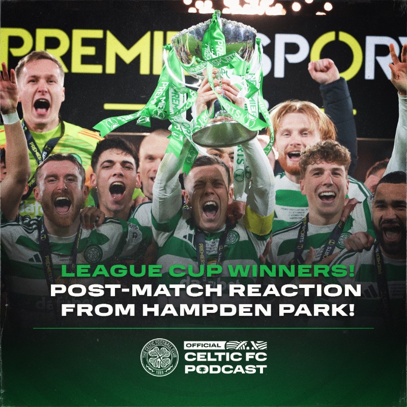 CelticFC's tweet photo. League Cup winners reaction podcast! 🚨🎙️

Hear all the exclusive post-match reaction from Hampden Park as Celtic win the 2024/25 Scottish League Cup! 🎉🏆

Listen in full below ⤵️