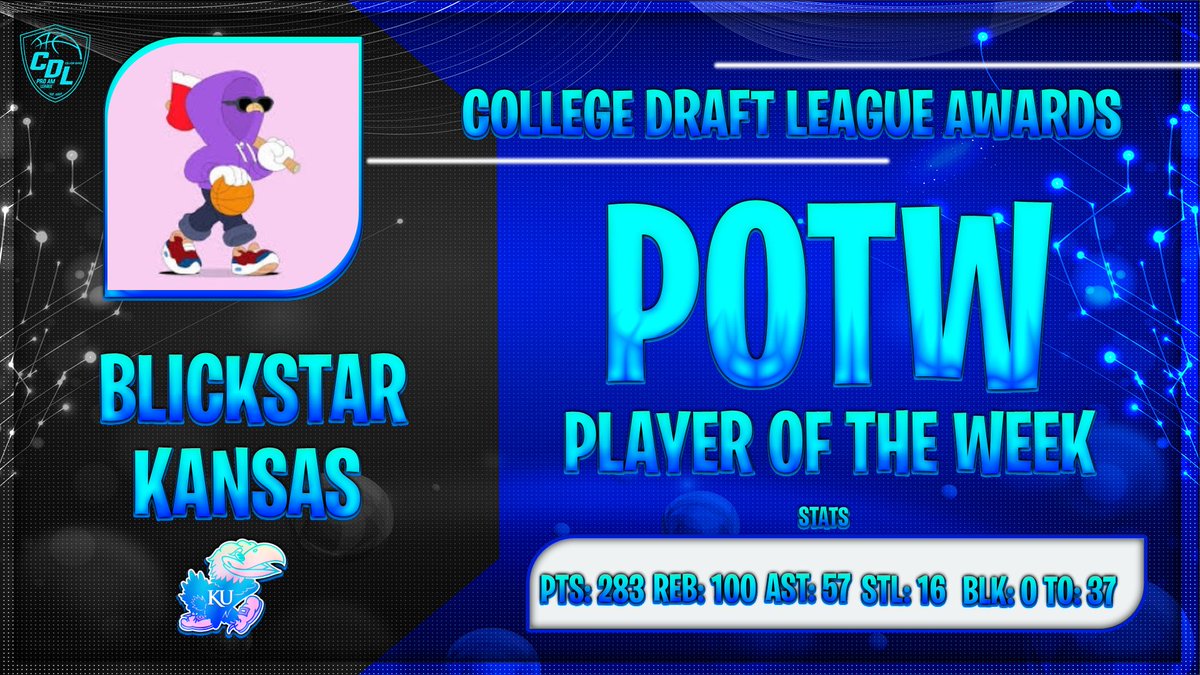 🎉THE PLAYER OF THE WEEK FOR SEASON 11 GOES TO @_blickstar_ OF THE KANSAS JAYHAWKS! 🎉

<a href="/_BLICKSTAR_/">BLICK⭐️</a>  HAD A AMAZING 2ND WEEK IN SEASON 11...IN THE LAST 11 GAMES HE SCORED A TOTAL OF 283 POINTS WITH 100 REBOUNDS AND 57 ASSIST AND 16 STEALS HE IS CURRENTLY #2 IN SCORING