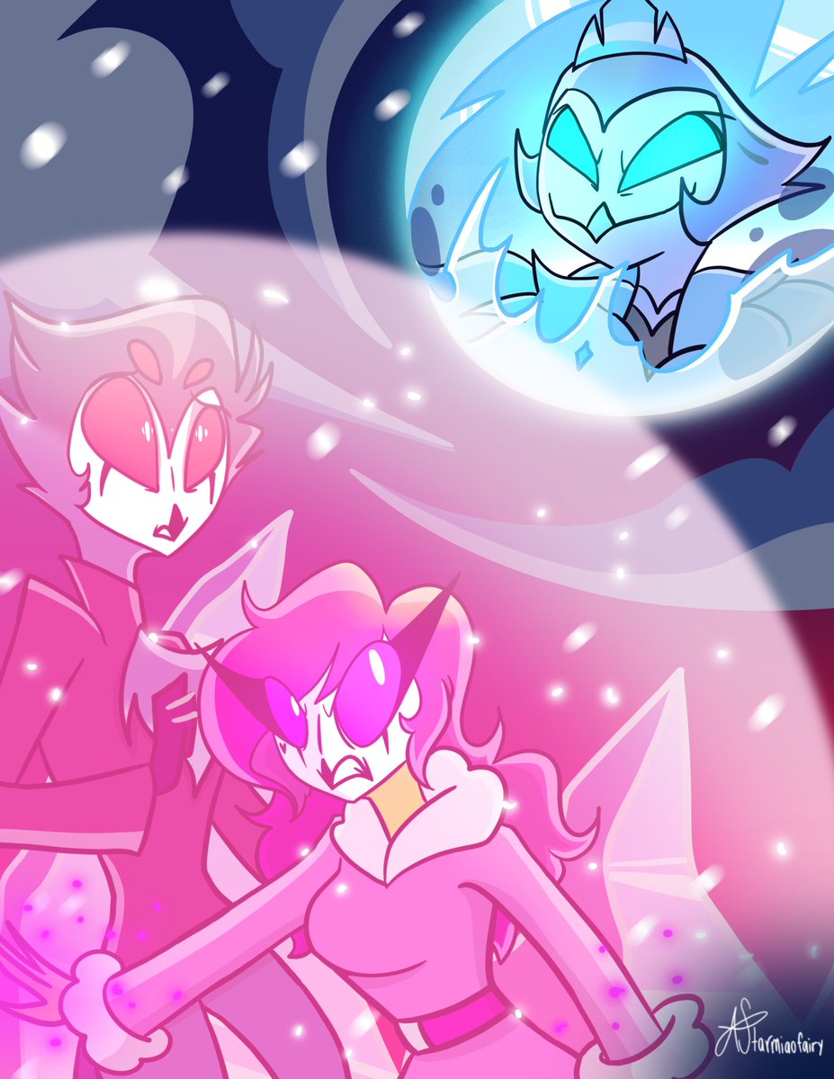 starmiaofairy's tweet photo. Stolstice Week Day 1(The Cold Moon):
With Andrealphus taking over Stolas’ palace &amp; December’s cold moon I can see Andre taking over the cold moon too so I drew a Sinsmas battle drawing of me as my owlsona protecting Stolas from Andre  @StolsticeWeek #StolsticeWeek #HelluvaBoss https://t.co/ZuaISOhtNj