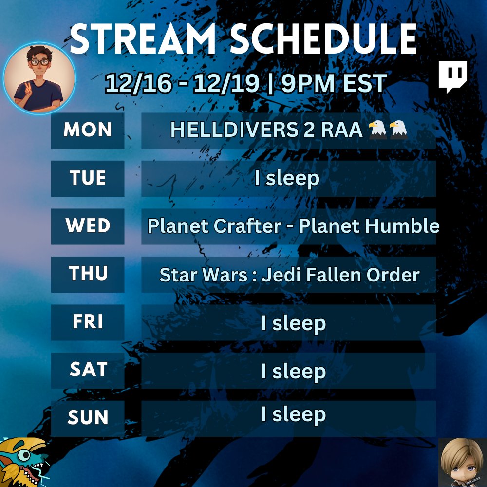 Nimbusc55's tweet photo. Schedule for the week ! We diving on some squids with @Jamesriemen49 on Monday, hopefully finishing Planet Crafter on Wednesday, and continuing to help BD on Thursday ! https://t.co/ddKiVzw0hQ