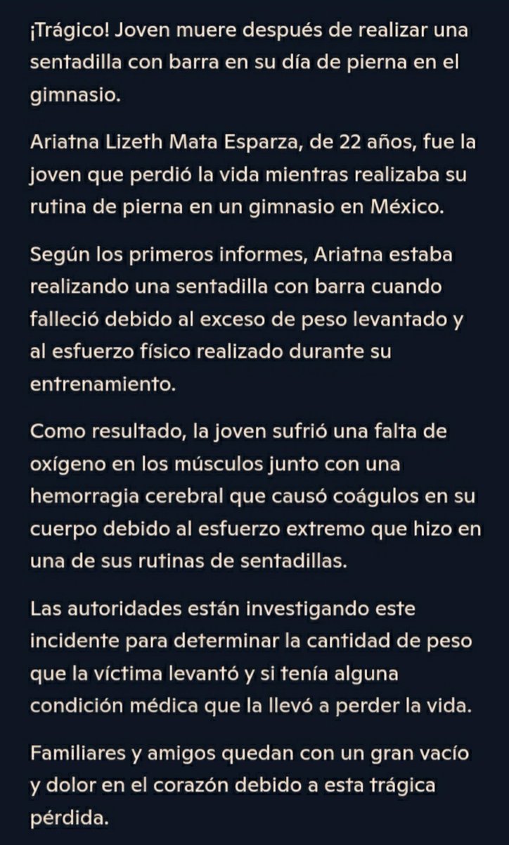 YairNoaj7's tweet photo. #Español en foto #English on pic #Girl #Chica #México 

Tragic! #Youngwoman dies after performing a #barbell #squatonleg day at the #gym.

¡Lamentable! #Joven muriø tras realizar una #sentadilla con #barras en su #díadepierna en el #gimnasio.

https://t.co/LAxFur5iM1 https://t.co/uO0bYT6ljN