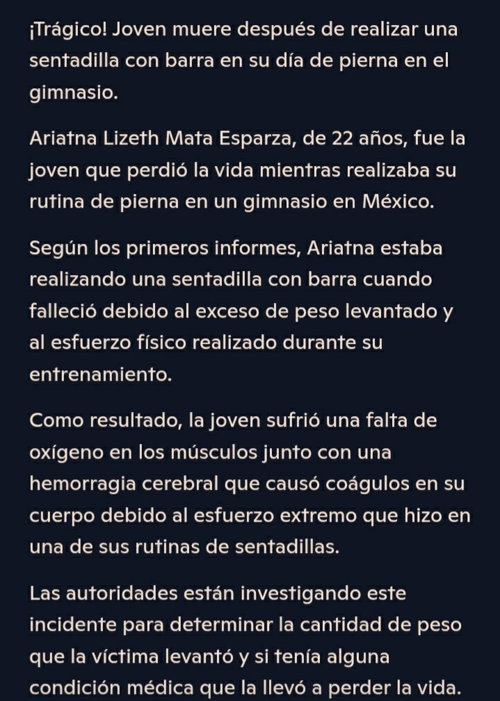 YairNoaj7's tweet photo. #Español en foto #English on pic #Girl #Chica #México 

Tragic! #Youngwoman dies after performing a #barbell #squatonleg day at the #gym.

¡Lamentable! #Joven muriø tras realizar una #sentadilla con #barras en su #díadepierna en el #gimnasio.

https://t.co/LAxFur5iM1 https://t.co/uO0bYT6ljN