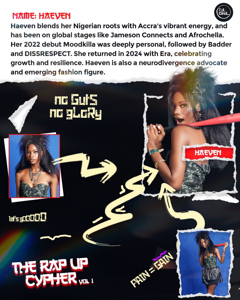 FulLCircLAfrica's tweet photo. Discover @haevenofficial_ : From Nigerian roots to Accra’s energy, her journey spans church choirs to global stages. After her 2022 debut, she’s back in 2024 with Era, making waves in music and fashion. Catch her in @FullcirclMGT end of year Rap Up Cypher! I https://t.co/V11pXgWjGR