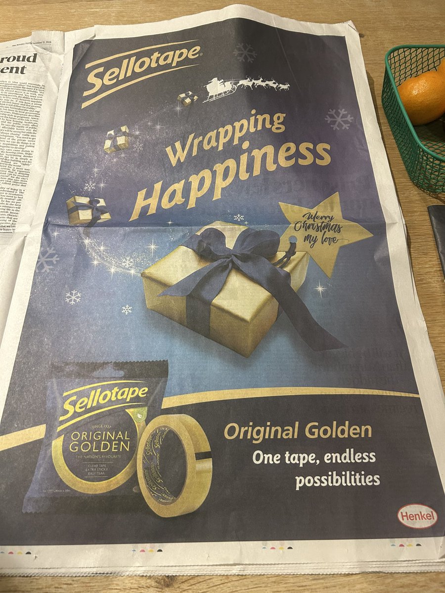 Decokelly's tweet photo. Kudos to #Sellotape with their big timely full page newspaper ad in Sunday times. Looks fab. Wrap that shit up!! ๐๐๐ https://t.co/FoS4PdmVQz