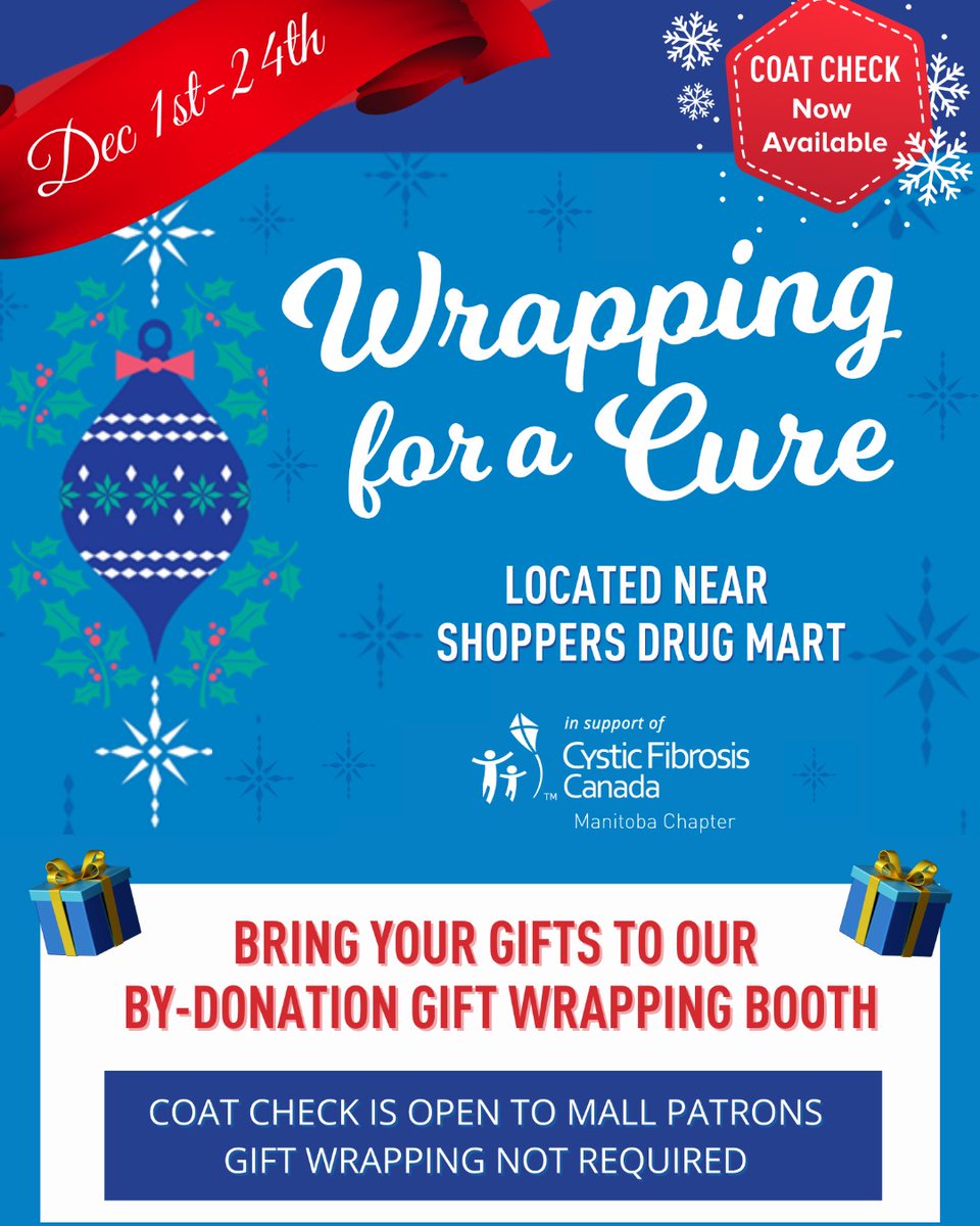 KildonanPlace's tweet photo. Our charity gift wrap and coat check are back!  Visit the friendly volunteers at Wrapping for a Cure, located near Shoppers Drug Mart.  They'll keep your coat AND wrap your gifts in exchange for a donation to Cystic Fibrosis Canada (Manitoba Chapter)! https://t.co/xJmk8RPupN