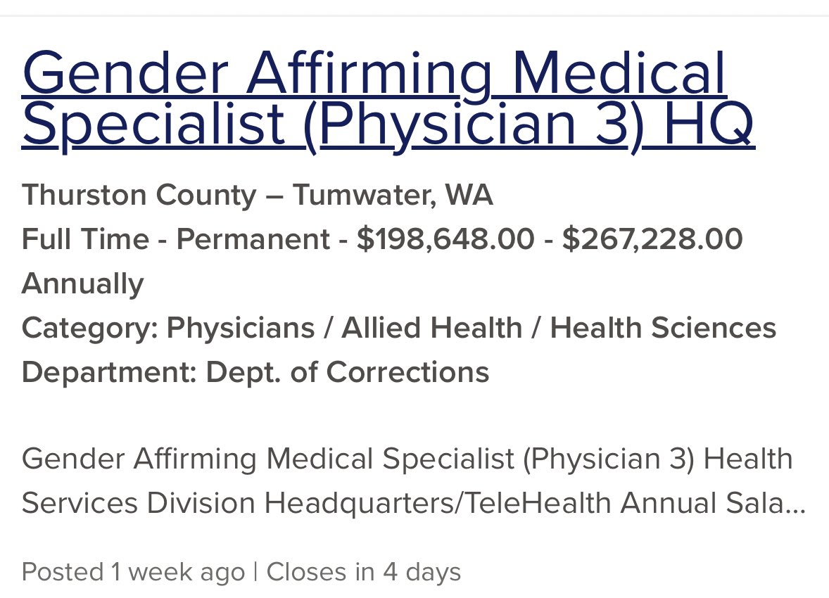BrandiKruse's tweet photo. Democrats in Washington state claim they have no choice but to raise your taxes because we’re facing a massive budget deficit. Meanwhile, the state just posted a job opening for a “Gender Affirming Medical Specialist” to provide care to transgender prison inmates. It pays up to $267,000 a year.