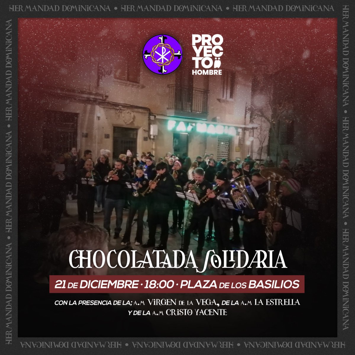 Hermandad Dominicana (@hdaddominicana) on Twitter photo 🍫 𝐂𝐇𝐎𝐂𝐎𝐋𝐀𝐓𝐀𝐃𝐀 𝐒𝐎𝐋𝐈𝐃𝐀𝐑𝐈𝐀
¡Os recordamos que mañana tendrá lugar una nueva chocolatada solidaria en favor de <a href="/PH_Salamanca/">PROYECTO HOMBRE SALAMANCA</a>!
⏰ 18:00
📍 Plaza de los Basilios
🎶 <a href="/amvirgendlavega/">AM Virgen de la Vega</a>, <a href="/AMLaEstrella/">Agrupación Musical María Santísima de la Estrella</a> y <a href="/AMCristoYacente/">Sección Musical Cristo Yacente de Salamanca</a>
¡Os esperamos! 💜 🍫 𝐂𝐇𝐎𝐂𝐎𝐋𝐀𝐓𝐀𝐃𝐀 𝐒𝐎𝐋𝐈𝐃𝐀𝐑𝐈𝐀
¡Os recordamos que mañana tendrá lugar una nueva chocolatada solidaria en favor de <a href="/PH_Salamanca/">PROYECTO HOMBRE SALAMANCA</a>!
⏰ 18:00
📍 Plaza de los Basilios
🎶 <a href="/amvirgendlavega/">AM Virgen de la Vega</a>, <a href="/AMLaEstrella/">Agrupación Musical María Santísima de la Estrella</a> y <a href="/AMCristoYacente/">Sección Musical Cristo Yacente de Salamanca</a>
¡Os esperamos! 💜