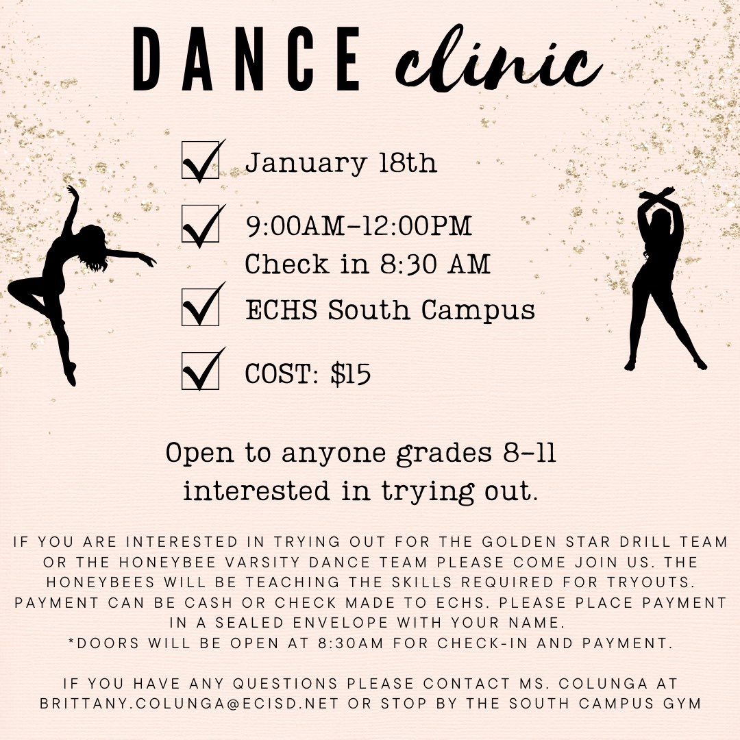 Spirit_ECHS's tweet photo. Interested in trying out for the 25-26 Golden Stars JV or Honeybees Varsity? We will have an information meeting Jan.15th @ 6pm in ECHS Main Cafe. You will receive all the information needed to prepare for tryouts. See above for important dates! We hope to see you there! 🐝🌟💃🏽🕺🏽 https://t.co/zoegLABbyi