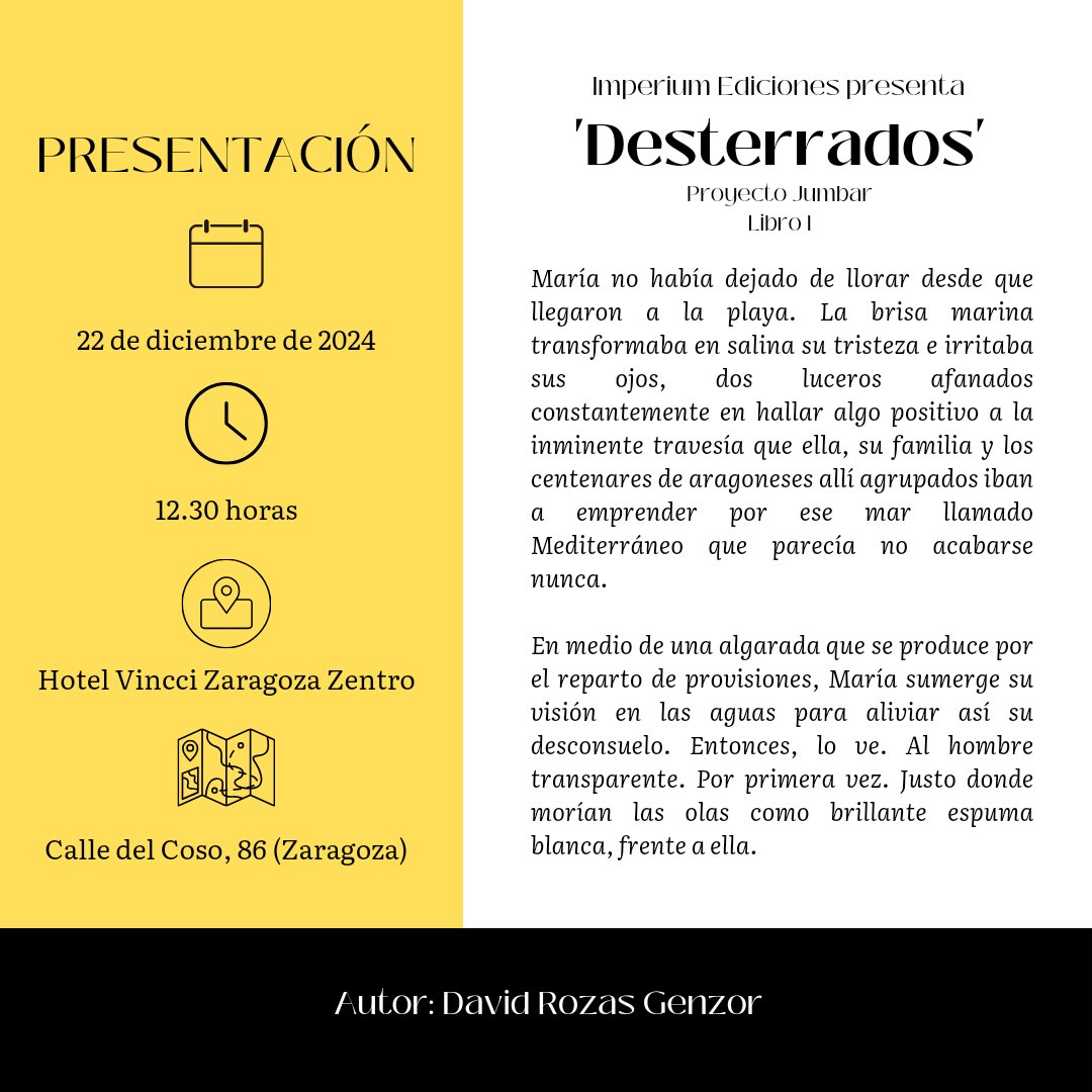 imperiumedicion's tweet photo. 📖 Este próximo domingo 22 de diciembre tendremos el placer de presentar 'Desterrados', el primer libro del 'Proyecto Jumbar de David Rozas Genzor.
✒️ @rozikas79
#desterrados #libros #librosnuevos #imperiumediciones https://t.co/d3Sy37LPiP