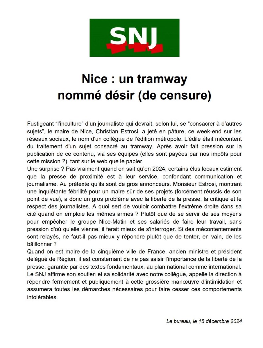 "Nice : un tramway nommé désir (de censure)", communication de la section #SNJ du groupe #NiceMatin #Varmatin #MonacoMatin #Nice06 <a href="/Nice_Matin/">Nice-Matin</a> <a href="/Var_Matin/">Var-matin</a> <a href="/Monaco_Matin/">Monaco_Matin</a> #presse #medias #journalisme <a href="/Alliance_Presse/">AlliancePresse</a> #PQR