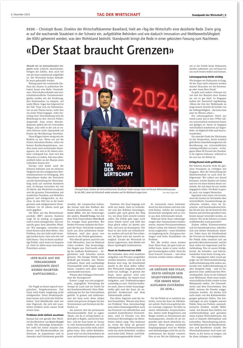 MarcSchinzel's tweet photo. 1/ Lesenswert: Rede von Christoph #Buser , Direktor Wirtschaftskammer #BL , am Tag der Wirtschaft vom 21. November 2024. #Europa und die #Schweiz haben an Innovationskraft verloren. Das Staatswachstum macht träge. https://t.co/4N3maamUGv