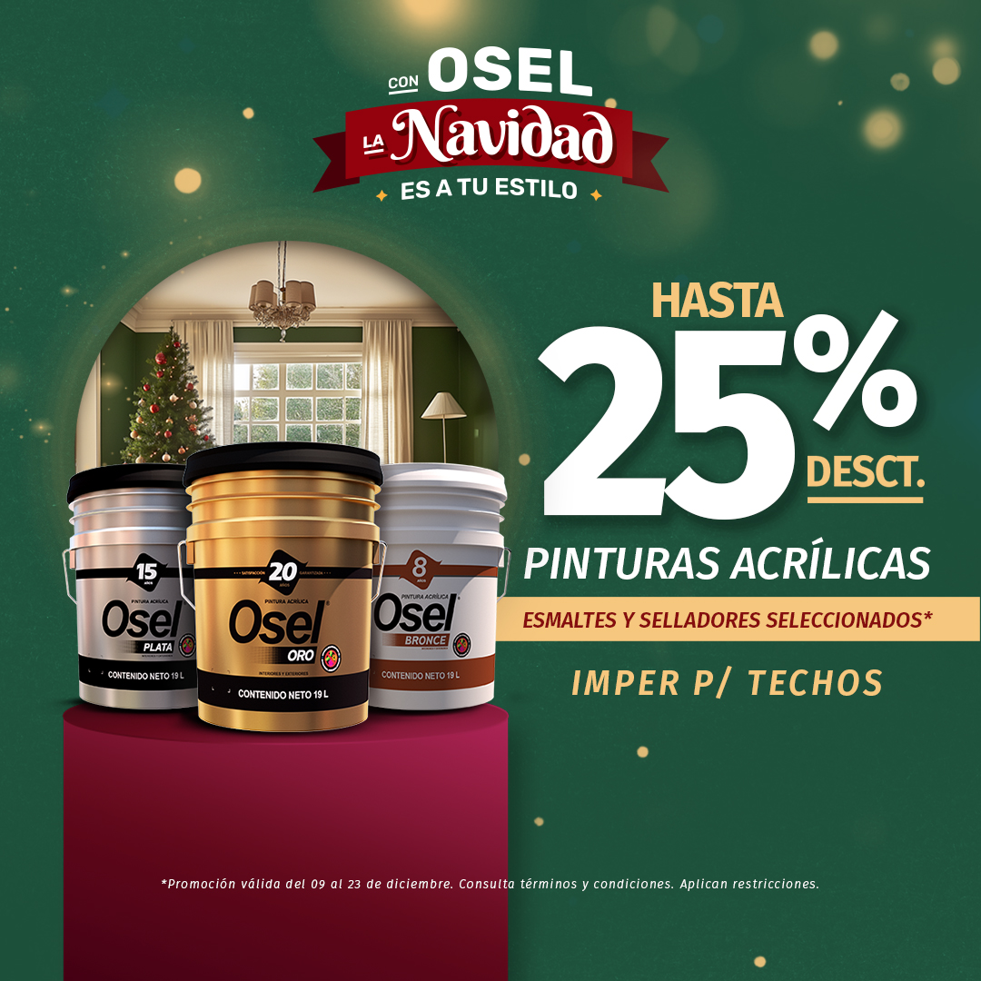 ✨ Con Pinturas Osel, transforma tus paredes con colores vibrantes y duraderos. Y para que tu Navidad sea aún más especial, aprovecha nuestra promoción, ¡la última del año!

¡Con Osel, la Navidad es a tu estilo! 🏡
