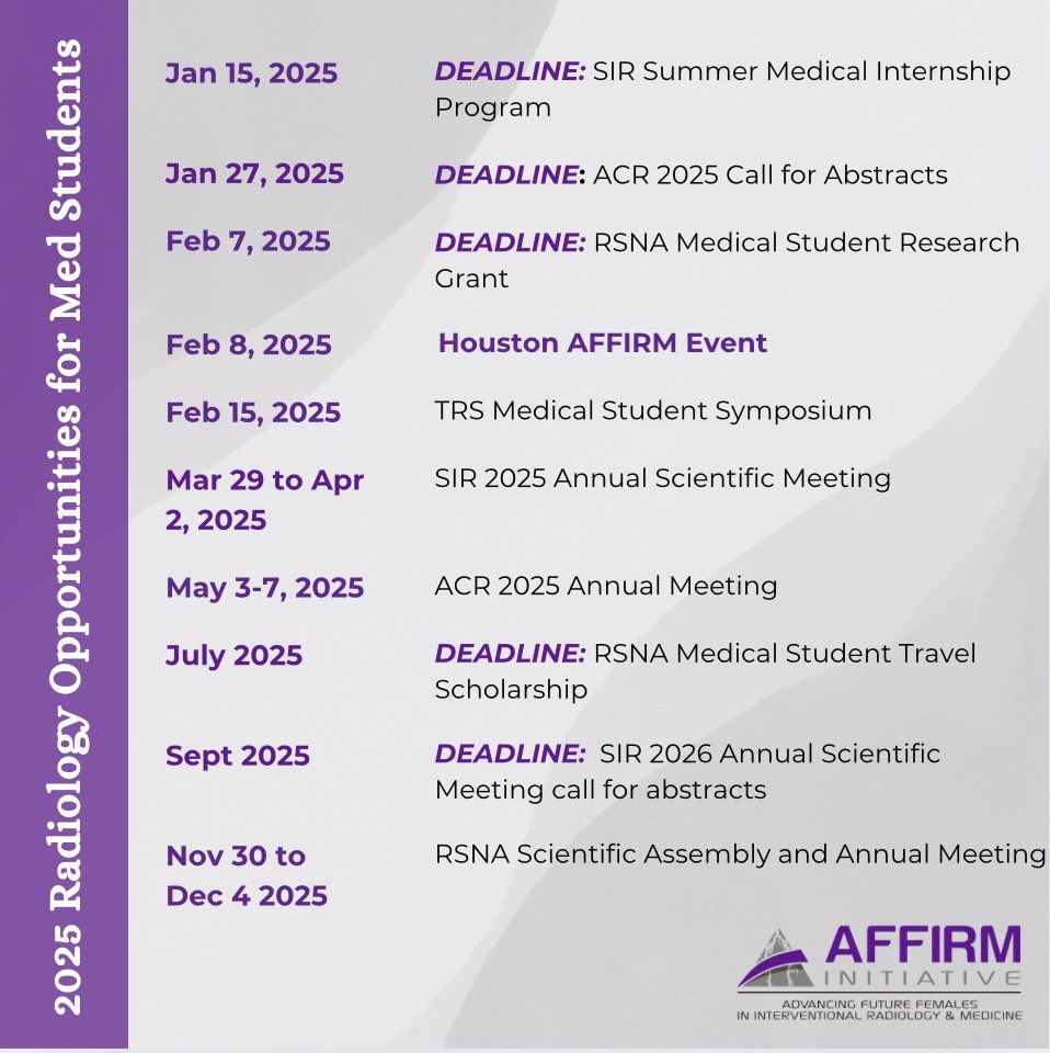 AffirmProgram's tweet image. 🚨 Opportunities Alert for Med Students!

Don't miss out on these key 2025 Radiology events and deadlines! From grants to meetings, there are plenty of ways to get involved and grow in the field of radiology.

✨ Special Highlight: Houston AFFIRM Event - February 8th #MedStudent