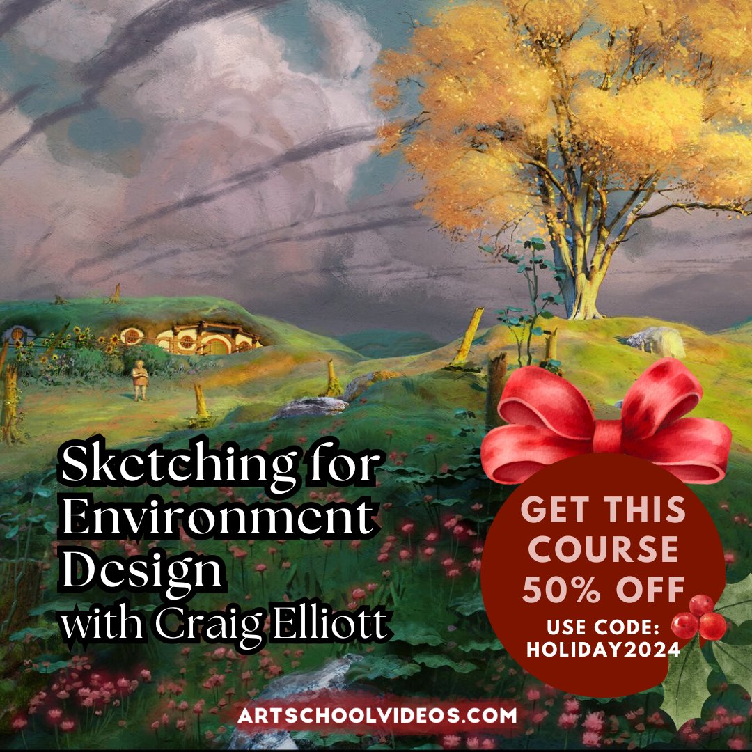 laafa's tweet image. SALE ENDS TONIGHT: Get 50% off SITE-WIDE on ArtSchoolVideos.com when you check out using code HOLIDAY2024. Give the gift of art this holiday season!
⁠
This week we are featuring Sketching for Environment Design with Craig Elliott!