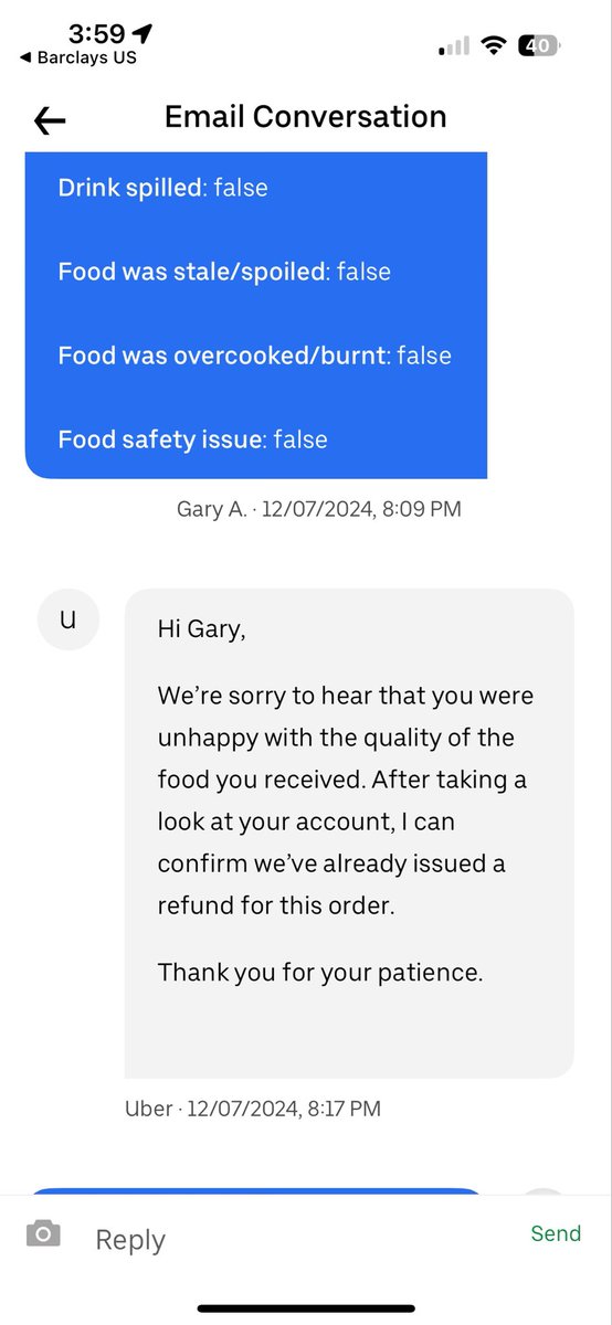 garys325's tweet photo. @UberEats Where is my refund?  I keep getting auto responses now that 48 hours have passed. https://t.co/iFbdBv51fL