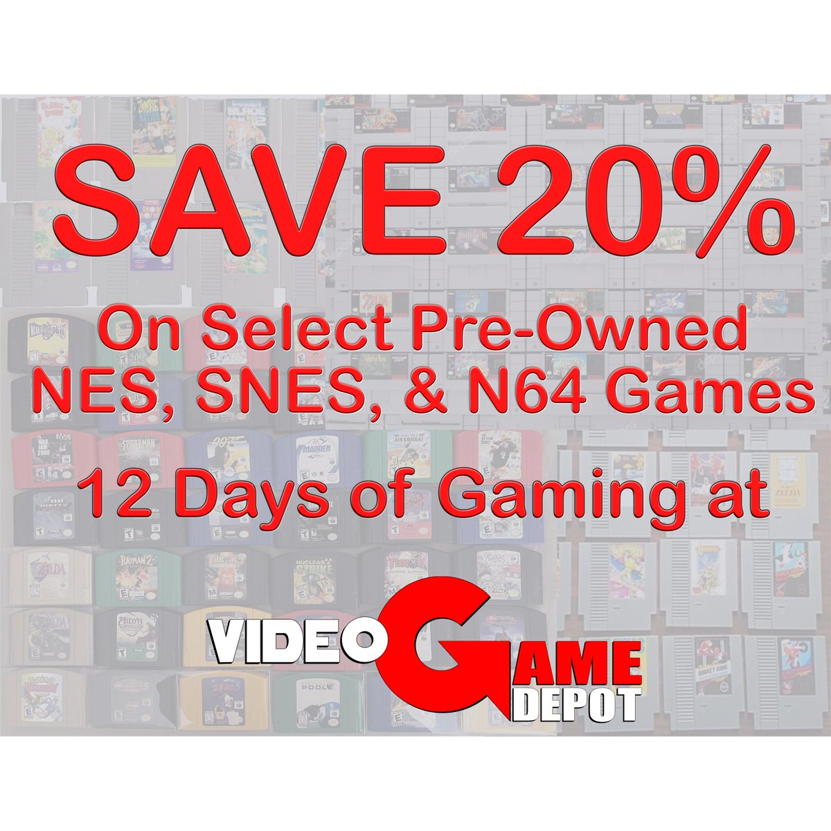 VGDAk's tweet photo. Day 4 of our #12DaysofGaming! Select Pre-Owned #NES, #SNES, &amp; #N64 games are 20% off!

Shop now in store or online at https://t.co/stWkAuygc8 to save on video games &amp; more! New products available daily. Limited quantities. No rainchecks.

Game On!
#VideoGameDepot https://t.co/Am1IZR6tVe