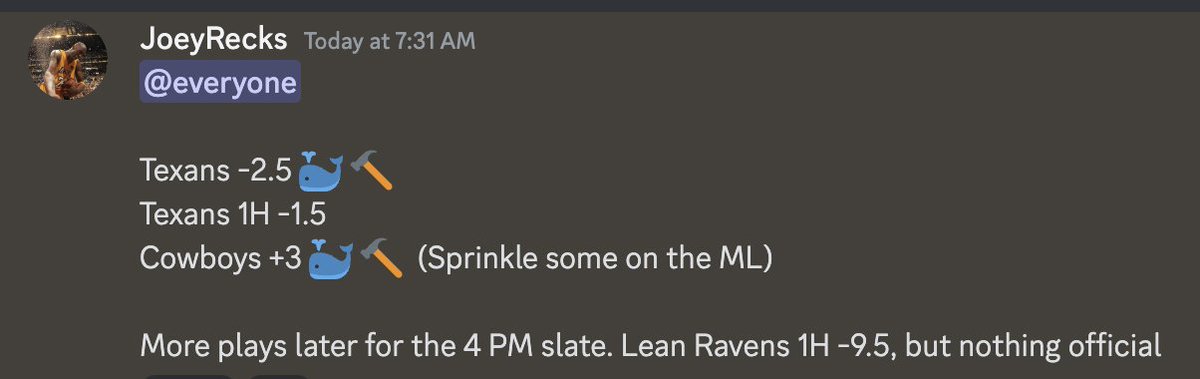 MORNING RECAP 🔥 🔥 🔥 

Texans -2.5 🐳 🔨 💰 💰 💰 
Texans 1H -1.5 💰 💰 💰 
Cowboys +3 🐳 🔨 💰 💰 💰 
Cowboys ML (Sprinkle) 💰 💰 💰 

CLEAN SWEEP LFG 🔥🤑
