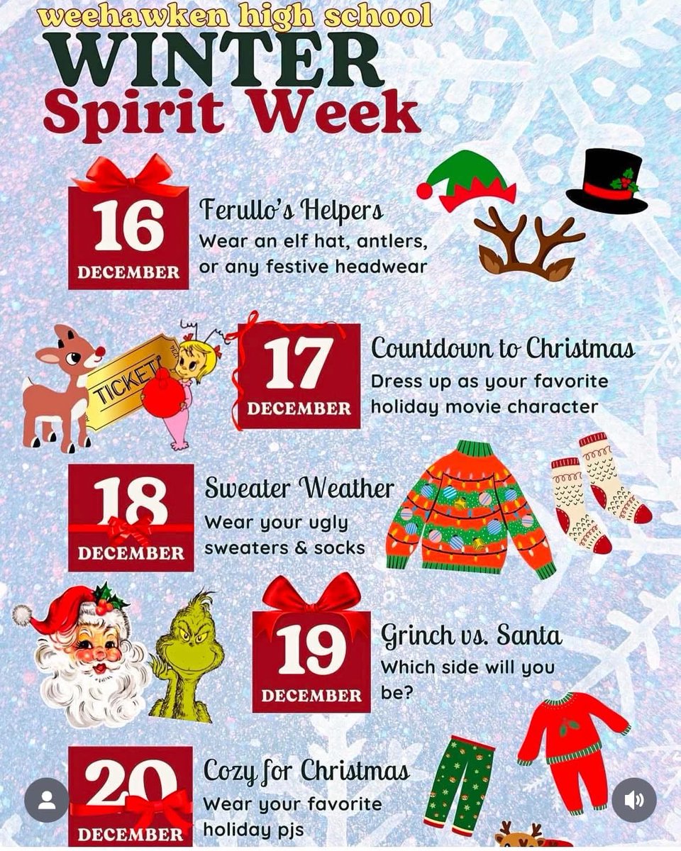 WeehawkenTSD's tweet photo. Spirit Week Reminder! 
@EricCrespoEDU @FAmato53 @al_orecchio @RobFerullo4 @StefanieCirill1 @SuzanneMera @DeStefanoEDU @MrsCullinane @bcalligy @BriannaReganEDU @JColasurdoEDU https://t.co/eZvAmdl309