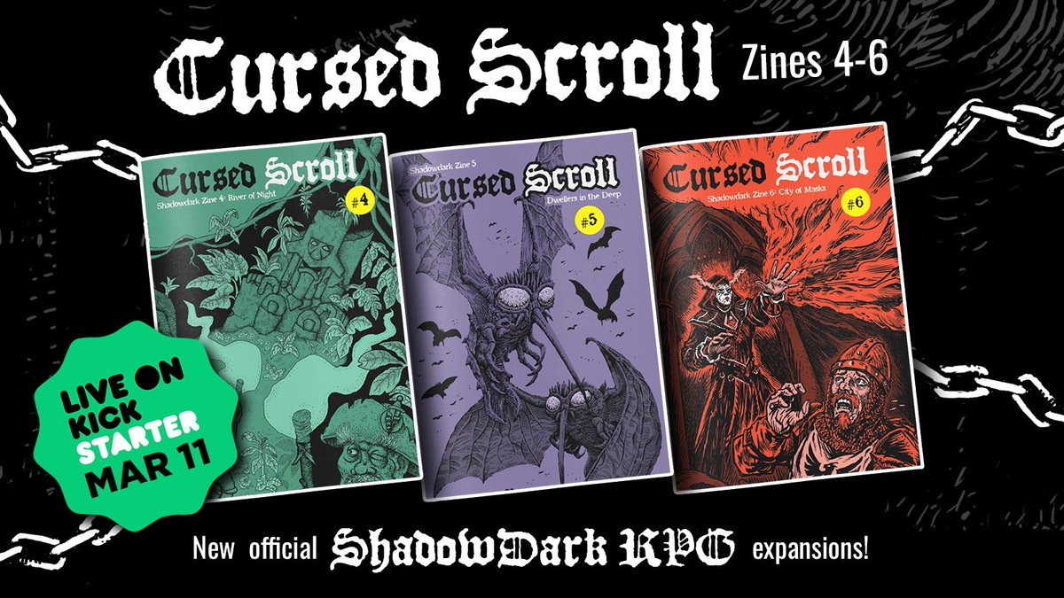arcanelibrary's tweet photo. We're going to launch our next official Shadowdark Kickstarter this coming March 11! 😃 

It will include three new Cursed Scroll zines, plus TONS more cool stuff I'll be revealing soon. 

Sign up to get notified when the Kickstarter goes live: https://t.co/n0iWBHSBOd https://t.co/z4I7EefSZ8