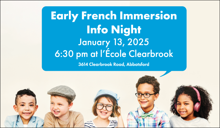 Want your child to speak French at a young age? Check out the French Immersion Info night at l'École Clearbrook Elementary on January 13, 2025 at 6:30pm.

Learn more here: bit.ly/3ZRHHlG

#abbyschools #frenchimmersion