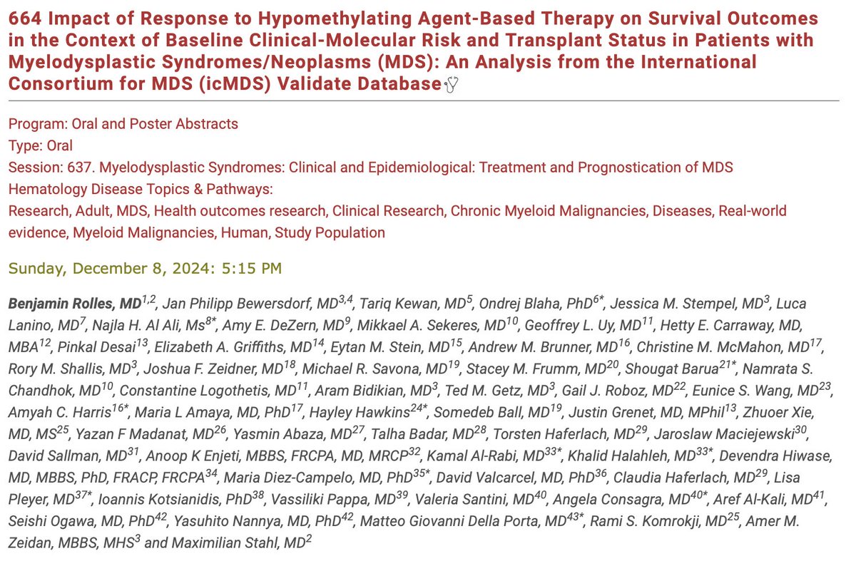 Congrats to Rolles et al. and the VALIDATE Consortium!
At #ASH2024, they showed that achieving CR before alloHCT doesn’t add survival benefit post-transplant for MDS patients. Performing the transplant and its timing matter most. #MDS #AlloHCT #Hematology