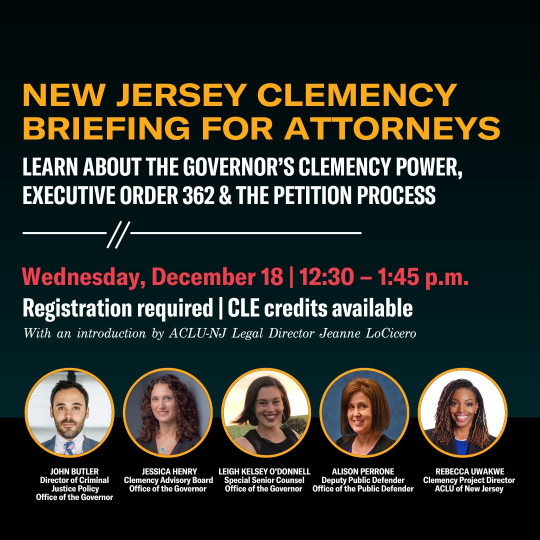 REMINDER: Wednesday 12/18 we’ll be discussing the clemency process in New Jersey, including who is eligible for expedited review and how to make the strongest case for clients. 

Registration required. 1.5 CLE credits available. 

Register now: aclu-nj.org/en/events/new-…
