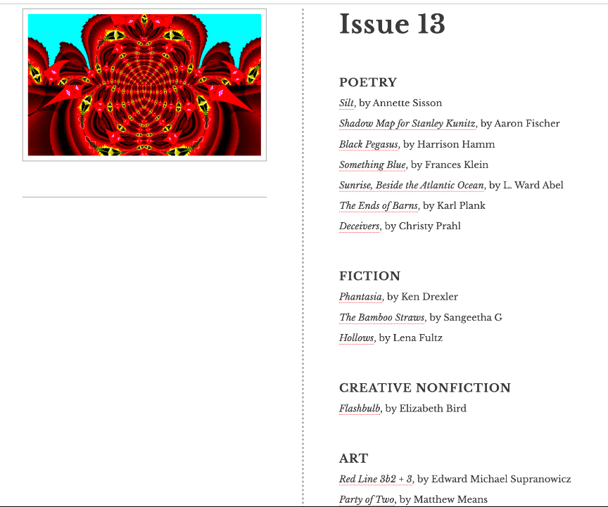 OrangeBlossomReview (@obr_litjournal) on Twitter photo Issue 13 is LIVE! Contributors include
<a href="/lenafultz/">lena</a> <a href="/sangitunes/">Sangeetha G</a> <a href="/mattmeans/">Matt Means</a>
Annette Sisson, Aaron Fischer, Harrison Hamm, Frances Klein, L. Ward Abel, Karl Plank, Christy Prahl, Ken Drexler, Elizabeth Bird, and Edward Michael Supranowicz
orangeblossomreview.org!🧡 Issue 13 is LIVE! Contributors include
<a href="/lenafultz/">lena</a> <a href="/sangitunes/">Sangeetha G</a> <a href="/mattmeans/">Matt Means</a>
Annette Sisson, Aaron Fischer, Harrison Hamm, Frances Klein, L. Ward Abel, Karl Plank, Christy Prahl, Ken Drexler, Elizabeth Bird, and Edward Michael Supranowicz
orangeblossomreview.org!🧡