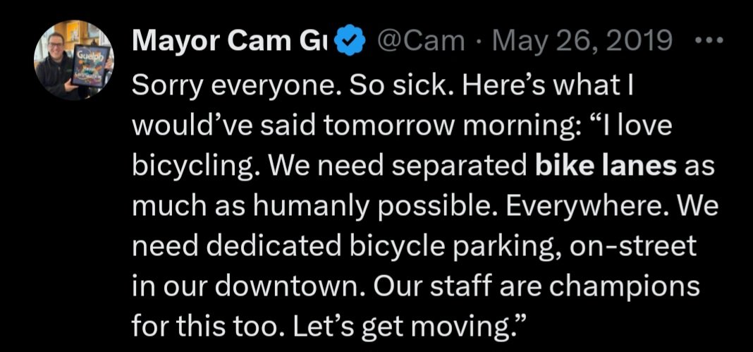Now that <a href="/CamGuthrie/">Mayor Cam Guthrie</a> is following Doug Ford's lead on separated bike lines, let's look back to a simpler time when the Mayor pretended to believe in things ... #Guelph