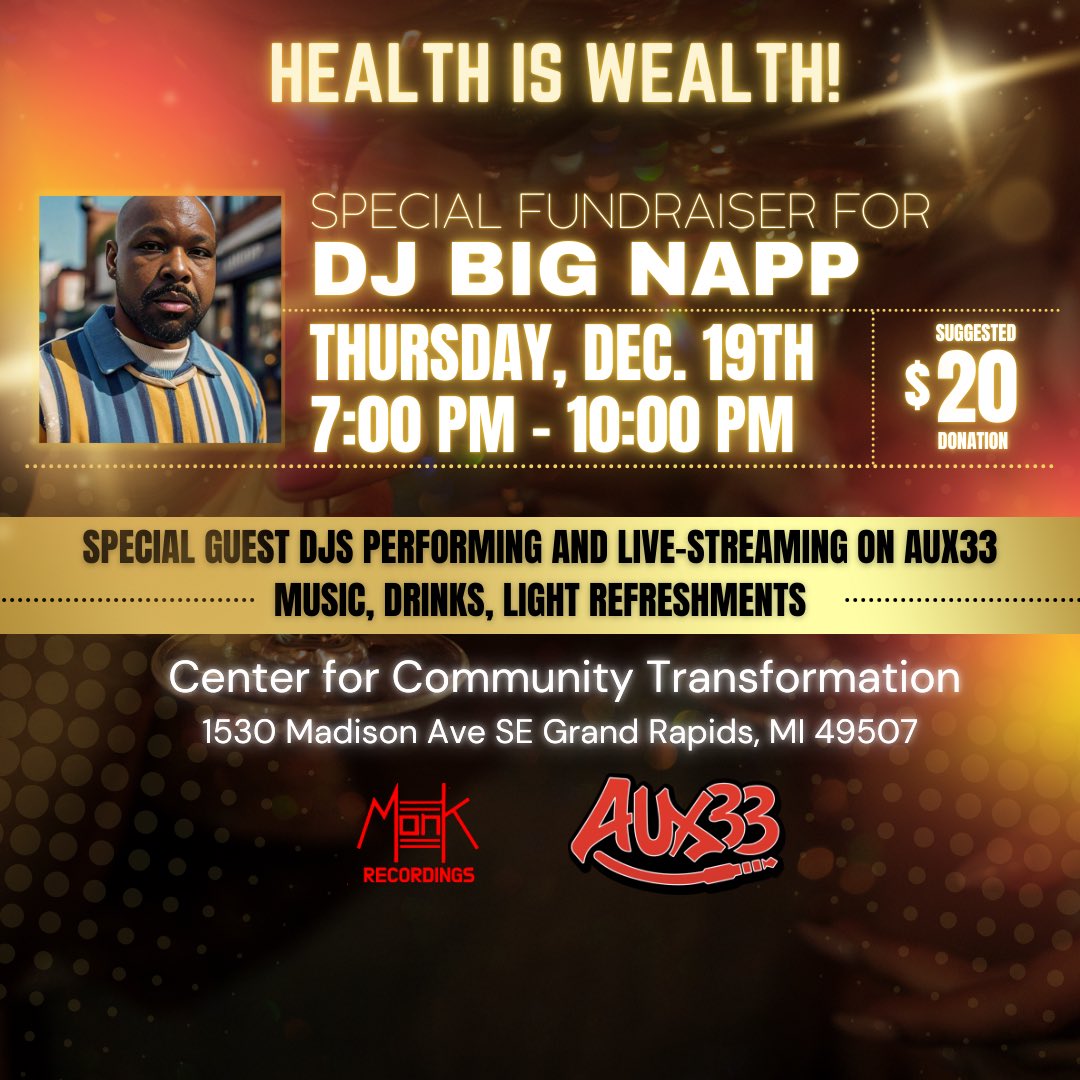 A fellow dj &amp;  friend is in need after a life changing amputation surgery ! So this Thursday, if you’re free come out and support the homie dj Big Napp! if you can’t make it, we’re broadcasting live on the <a href="/Aux33TV/">Aux33</a> app ! Telethon style

Share this!! 

eventbrite.com/e/health-is-we…