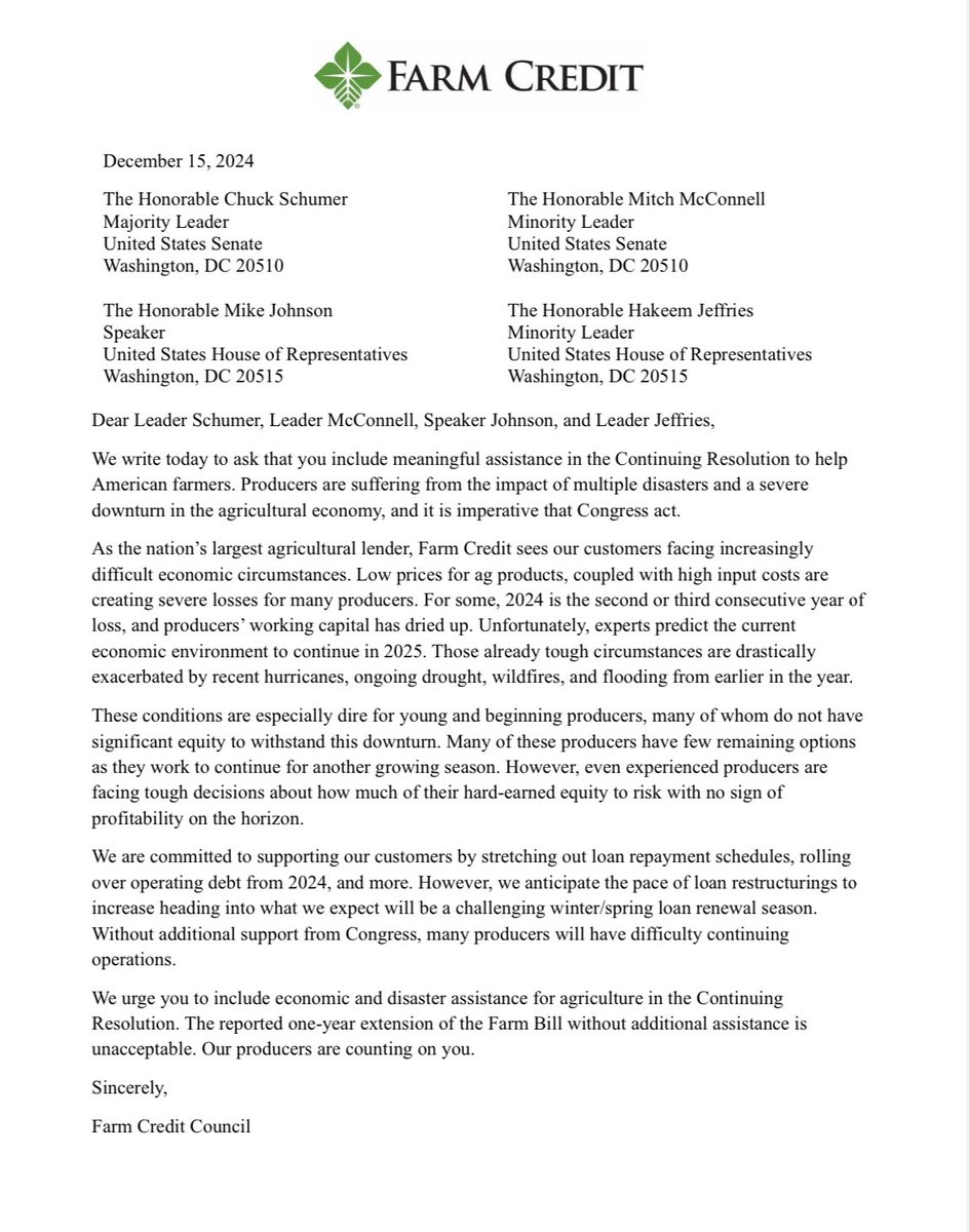 farmcredit's tweet image. As the nation’s largest lender to agriculture, Farm Credit urges Congress to include meaningful economic and disaster assistance for agriculture in the continuing resolution. 

The reported one-year extension of the Farm Bill without additional assistance is unacceptable.…