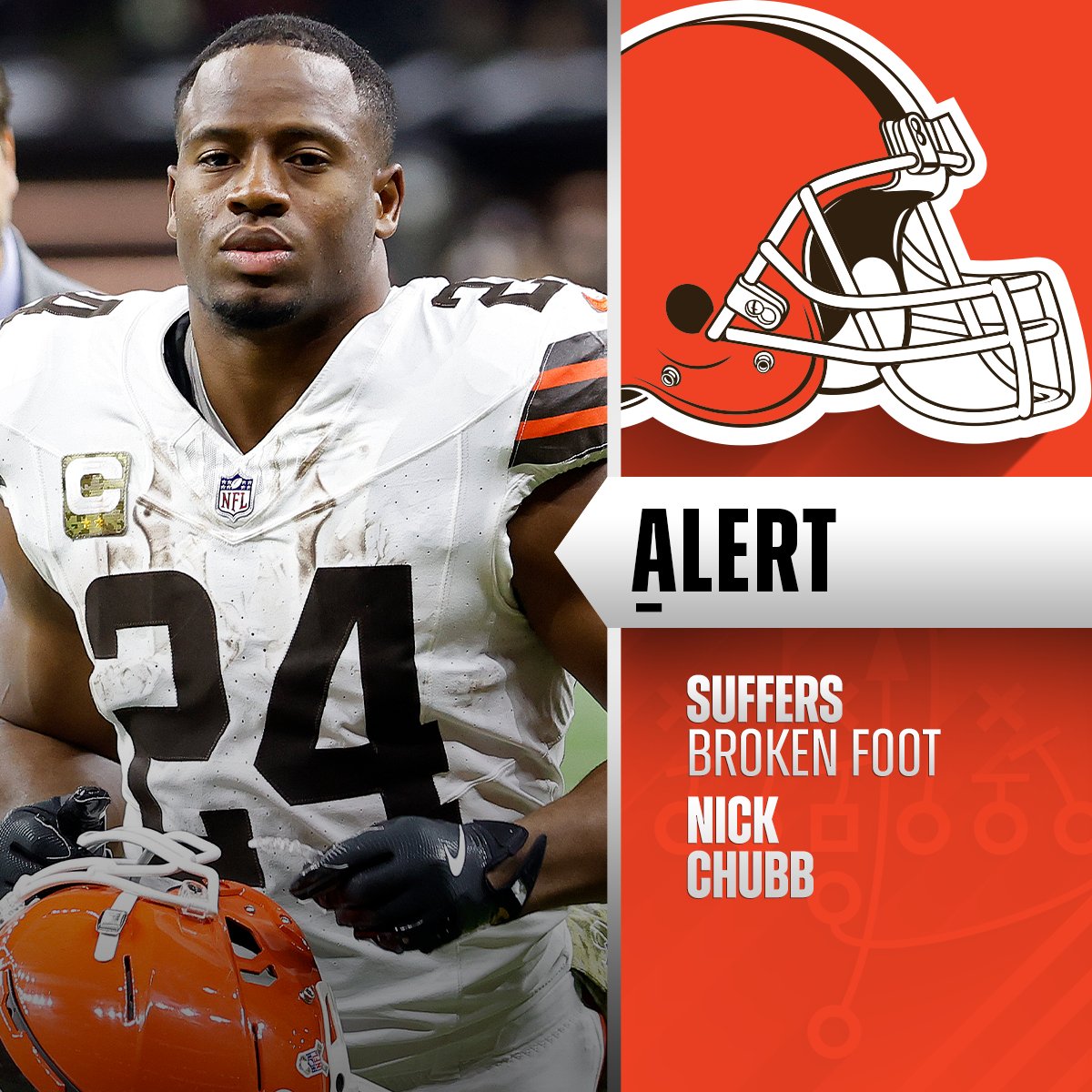 NFL's tweet image. Browns HC Kevin Stefanski says RB Nick Chubb suffered a broken foot vs. Chiefs.