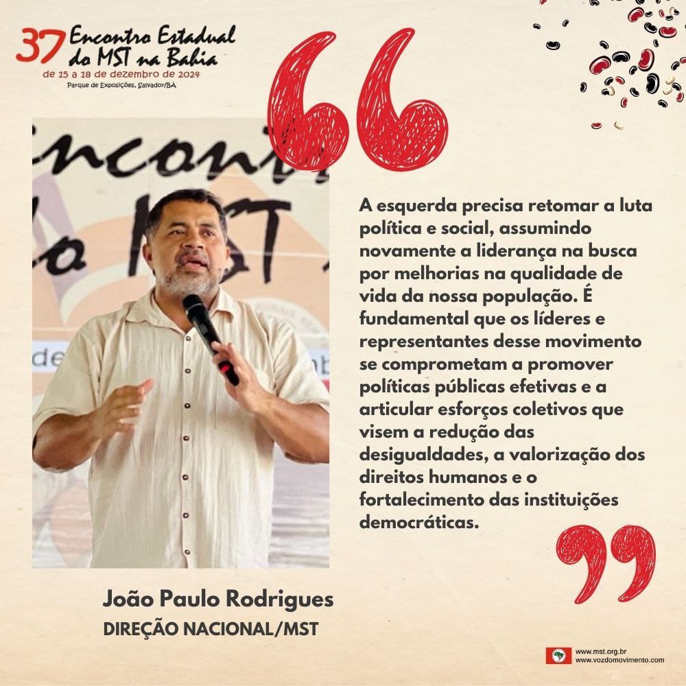 MST_Oficial's tweet photo. 👊🏽🌱 No 37º Encontro Estadual do MST na Bahia, @joaopaulomst , da Direção Nacional do MST, reforça a importância da retomada das lutas políticas e sociais para garantir uma vida digna ao povo brasileiro.
#MST40Anos https://t.co/0uLPWKtTcX