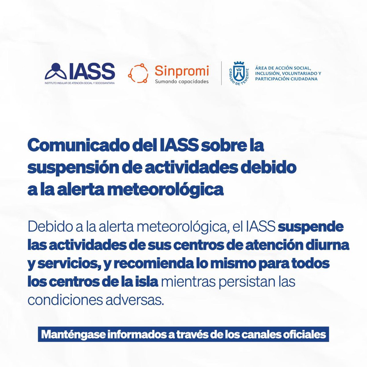AccionSocialTFE's tweet photo. AVISO IMPORTANTE🚨‼️
Debido a la alerta meteorológica, el @IASS_Tenerife suspende las actividades de sus centros de atención diurna y servicios, y recomienda lo mismo para todos los centros de la isla mientras persistan las condiciones adversas.
#AlertaCanarias #Tenerife #AcciónSocialTenerife @CabildoTenerife @Sinpromi @TfeSolidaria