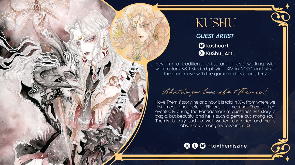 🌒 GUEST ARTIST SPOTLIGHT

With an Amano-esque watercolor style comes <a href="/KuShu_Art/">🌸KuShu🌸</a> as one of our Guest Page Artist and Merch Artist 🥺 What will Themis look like in her artwork? We're not sure, but we're excited to find out! Check out Kushu's intro below ✨