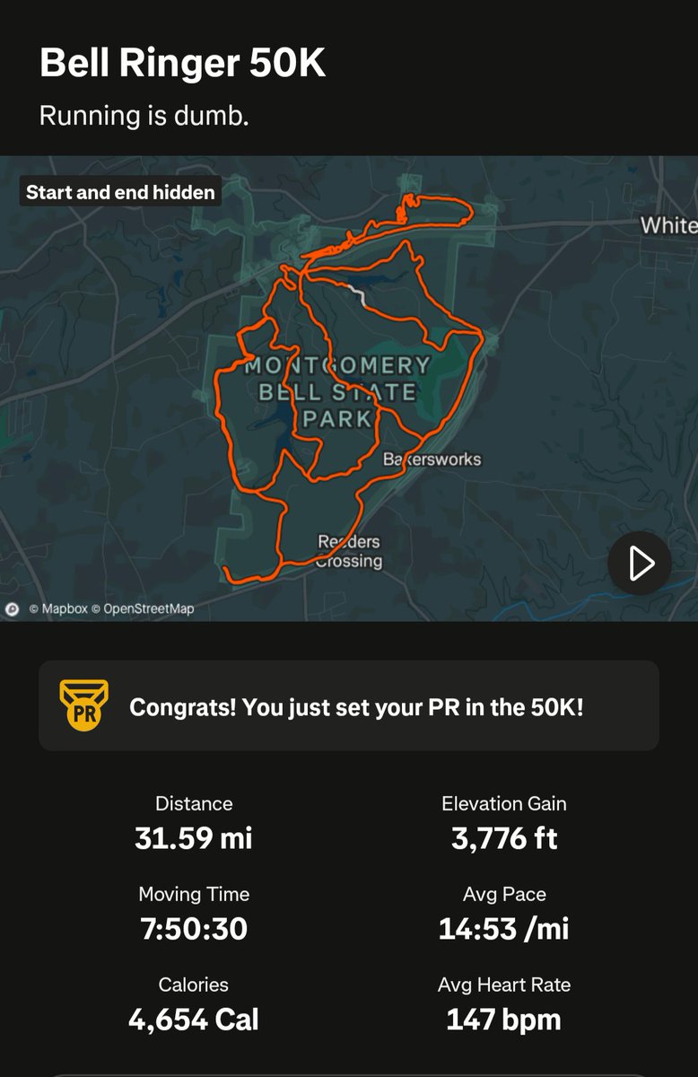 Yesterday I ran a 50K (31 Mile) Ultramarathon.  It took me 8 hours.

Today I would like to officially announce my retirement from running.

Running is dumb.