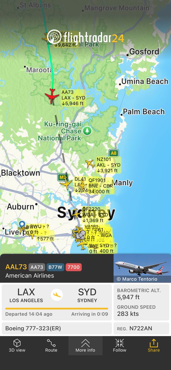 SquawkTracker's tweet image. Flight AA73 from Los Angeles to Sydney
fr24.com/AAL73/385aea0f Emergency declared on approach to SYD. Reason unknown. We are tracking…