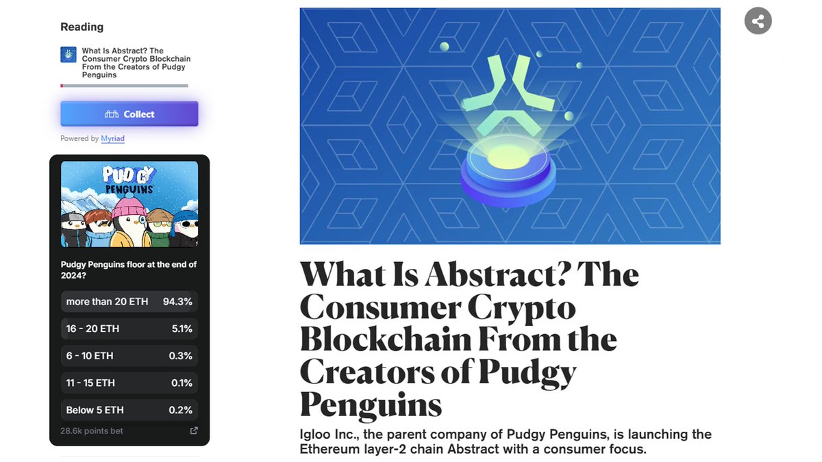 MyriadMarkets's tweet photo. Read article  ✅
Claim MYRIAD Points  ✅
Extension delivers article-specific Market  ✅
Spend Points on Market to potentially win more Points  ✅ https://t.co/WOVNhV32ie