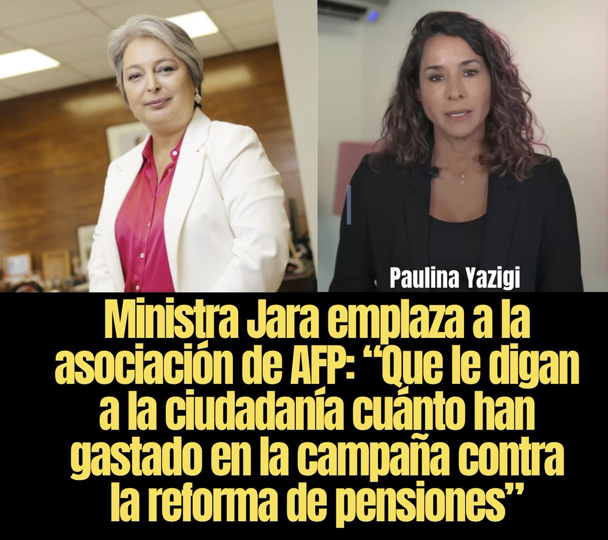 Emplazan a Paulina Yazigi <a href="/presidentaAFP/">Paulina Yazigi Salamanca</a> a transparentar los gastos de su grotesca campaña contra la Reforma de Pensiones. #reformadepensiones <a href="/jeannette_jara/">Jeannette Jara Román</a>