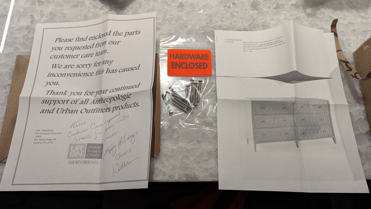 MrsPotter2's tweet photo. .@Anthropologie this is just getting comical!!!!! Why would you send hardware for a piece of furniture that was NEVER delivered!!!!! 🤣🤣🤣🤣🤣 I don't own this dresser. Your team tried delivering BROKEN dressers on two attempts https://t.co/bN2Bnot73P