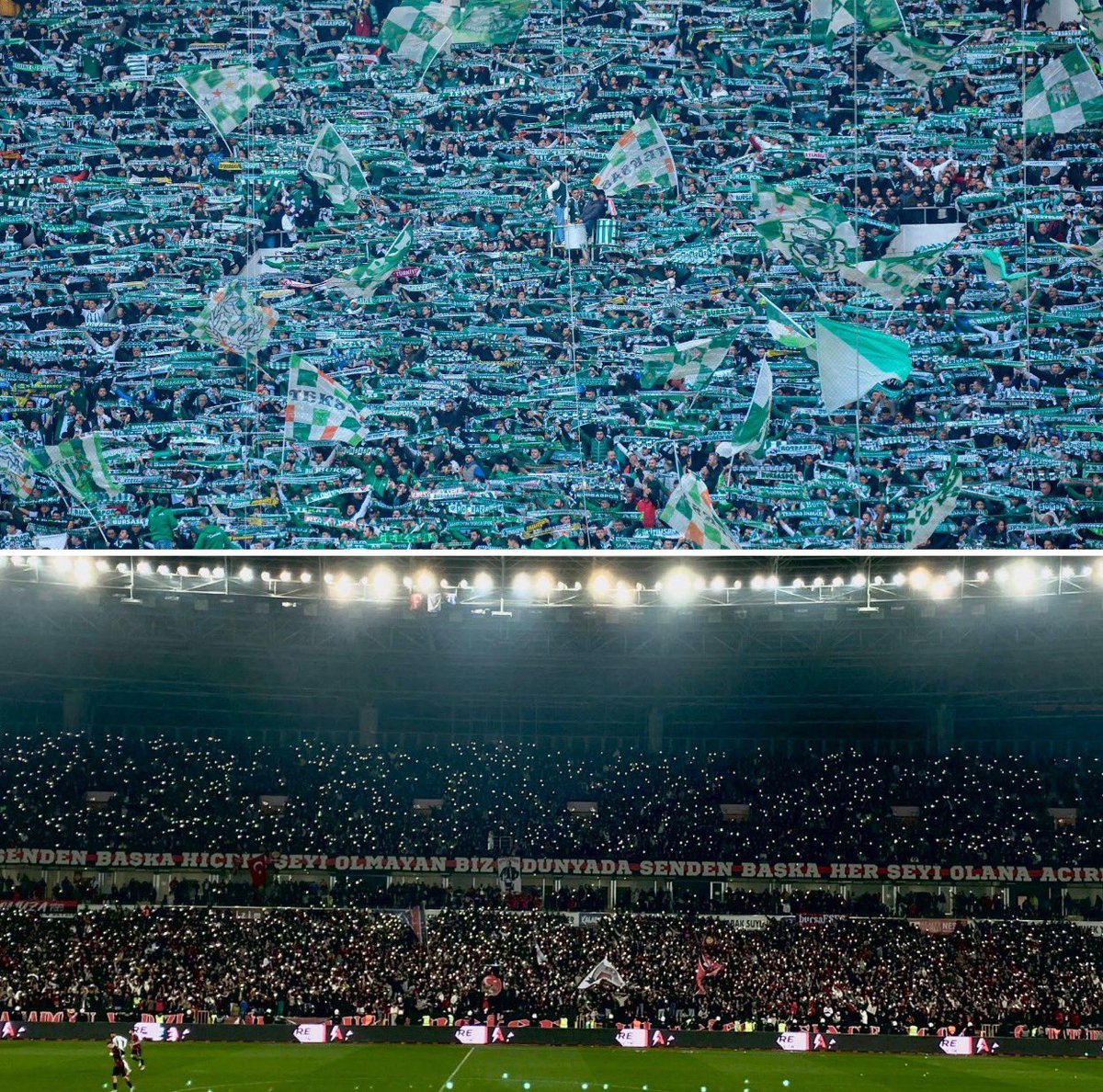 Birbirini
60 yıldır yiyen
Ama
Birbirine
Saygısı olan

Tribün kültürü olan
İstanbul’a teslim olmayan
Şehrine ihanet etmeyen

İki kulüp

Biri
3’ ligde 40.000

Diğeri
Bal liginde 30.000

Eninde sonunda
O uyduruk liginize
Geleceğiz…..

‘Bursaspor &amp; ESES’
