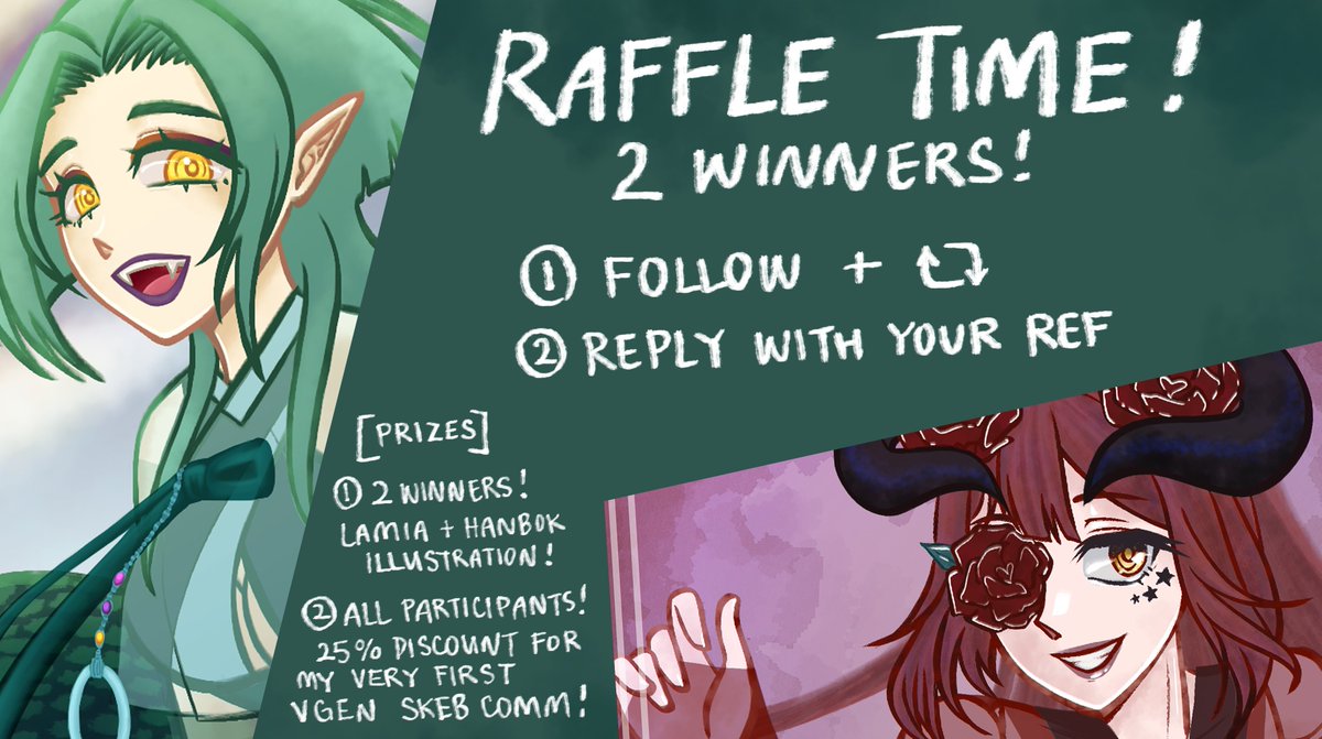 🎟️Raffle Time🎟️

[Prizes]
1) 2 winners : FREE Illustrati0n
2) ALL Participants: 25% disc0unt for when I open skeb c0mmissi0ns for these on my VGen

[How to Enter]
1) Follow + Retweet
2) Reply with your model/ref sheet

[Raffle Period]
NOW - Dec. 23 2024 (~1 week)

#zzimi_raffle