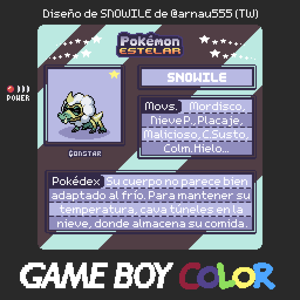 Snowile, el Pkmn Tiritones de tipo Hielo/Siniestro

Tiembla de frío constantemente.
Pese a su aspecto insalubre, es un voraz cazador que persigue a sus presas nadando por la nieve hasta morderlas.

Maravilloso diseño del <a href="/arnau555/">Arnau 🇵🇸</a>
-
-
-
Con 25 REPOSTS subo a su evolución