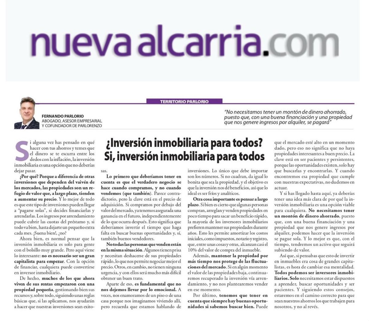 ¿𝑰𝒏𝒗𝒆𝒓𝒔𝒊𝒐́𝒏 𝑰𝒏𝒎𝒐𝒃𝒊𝒍𝒊𝒂𝒓𝒊𝒂 𝒑𝒂𝒓𝒂 𝒕𝒐𝒅𝒐𝒔❓

✍🏻 Nueva entrega de 𝙏𝙚𝙧𝙧𝙞𝙩𝙤𝙧𝙞𝙤 𝙋𝙖𝙧𝙡𝙤𝙧𝙞𝙤 en <a href="/NuevaAlcarria/">Nueva Alcarria</a> !

📝 Artículo completo aquí 👇 

🔗 nuevaalcarria.com/articulos/inve…

#TerritorioParlorio #NuevaAlcarria #Inversion #Inmuebles #Creatividad