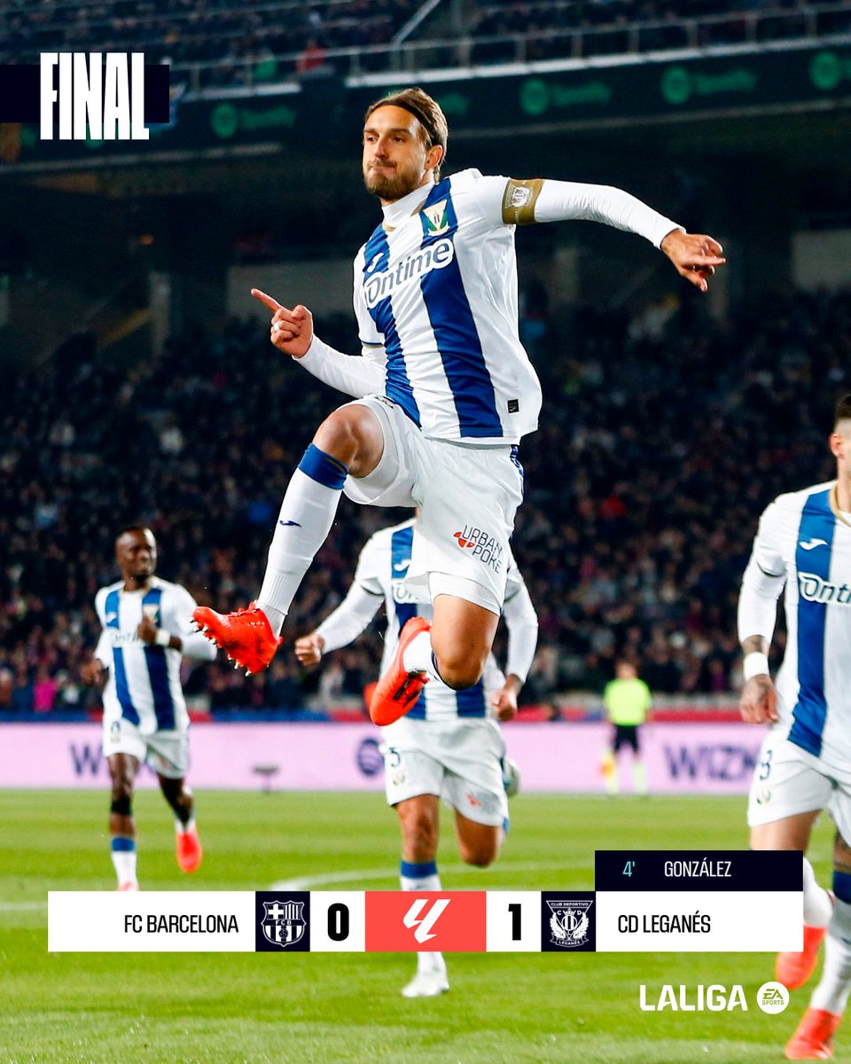 LaLiga's tweet photo. FINAL #BarçaLeganés 0-1

🥒💙 ¡El @CDLeganes cierra la jornada 17 de #LALIGAEASPORTS con victoria en el Estadi Olímpic Lluís Companys! https://t.co/c3lGveLCqk