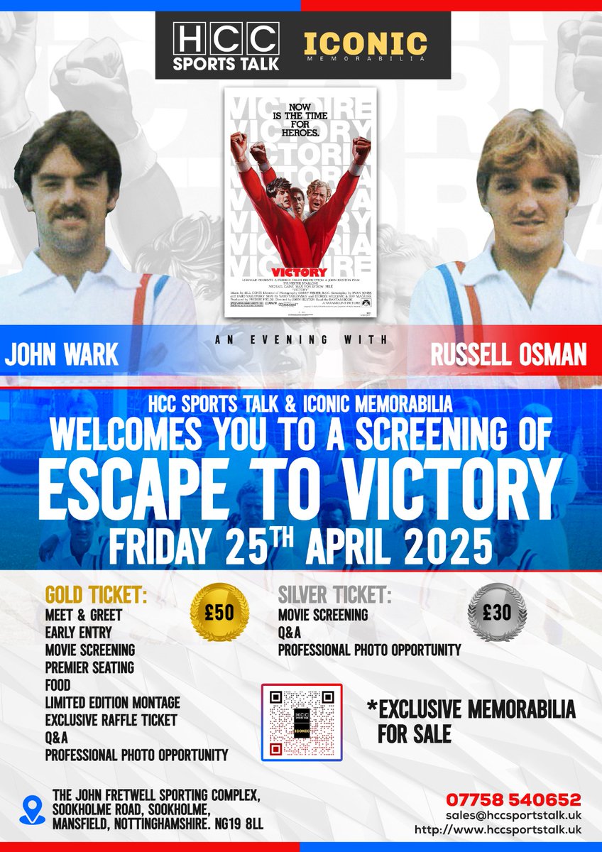 TICKETS ON SALE NOW!
ALL DETAILS ON THE POSTER 
#escapetovictory #johnwark 
<a href="/RussellOs5/">Russell Osman</a> <a href="/osvaldooardiles/">osvaldo ardiles</a> <a href="/TheSlyStallone/">Sylvester Stallone</a> <a href="/themichaelcaine/">Michael Caine</a> <a href="/memorabiliaicon/">Iconic Memorabilia</a> 
PLS RETWEET 🙏